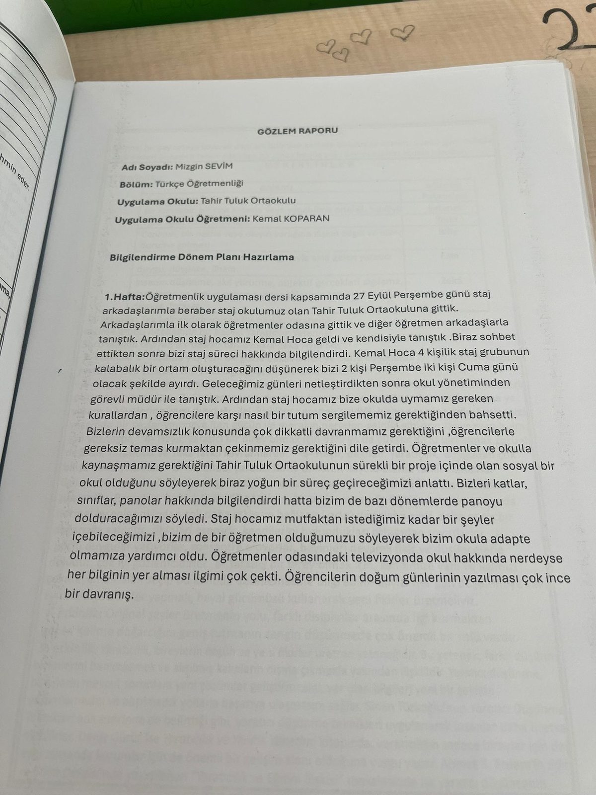 Öğretmenlik Uygulaması Sınıf İçi Gözlem Raporu: Yöntem ve Sınıf Kontrolü - Sayfa 8