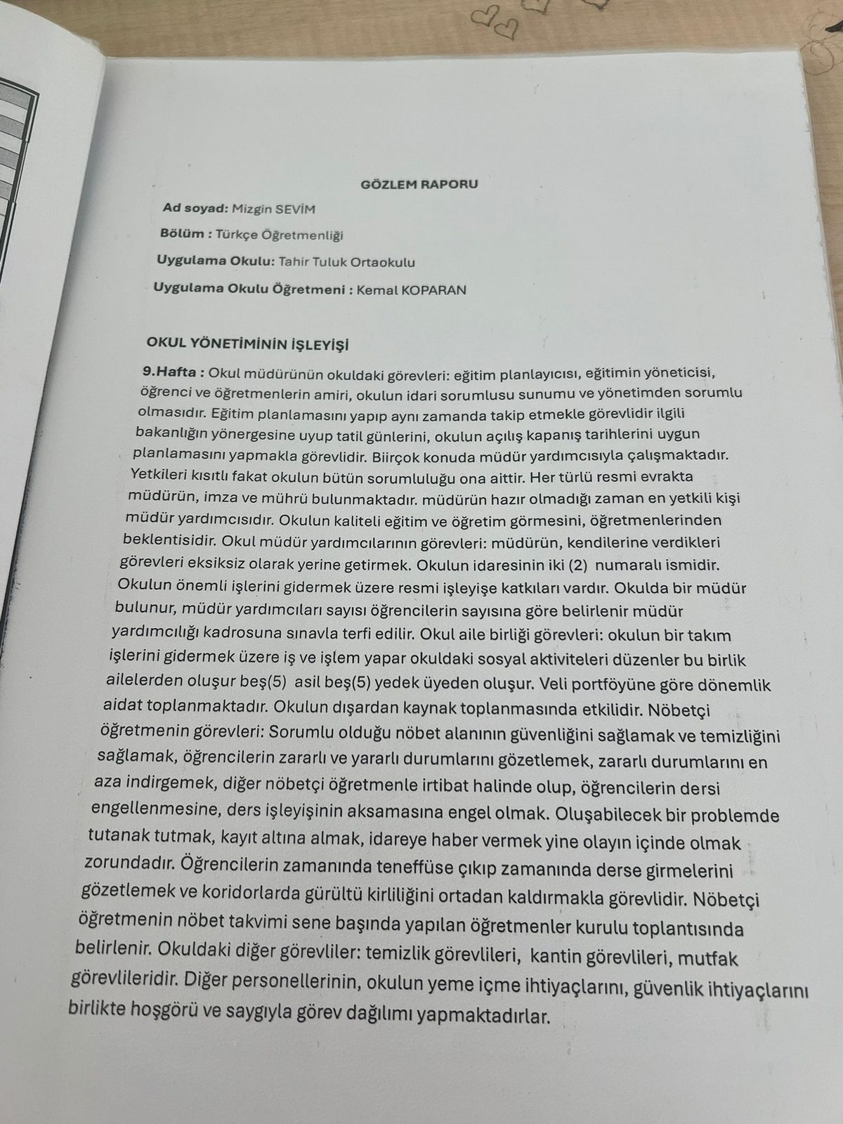 Öğretmenlik Uygulaması Sınıf İçi Gözlem Raporu: Yöntem ve Sınıf Kontrolü - Sayfa 11